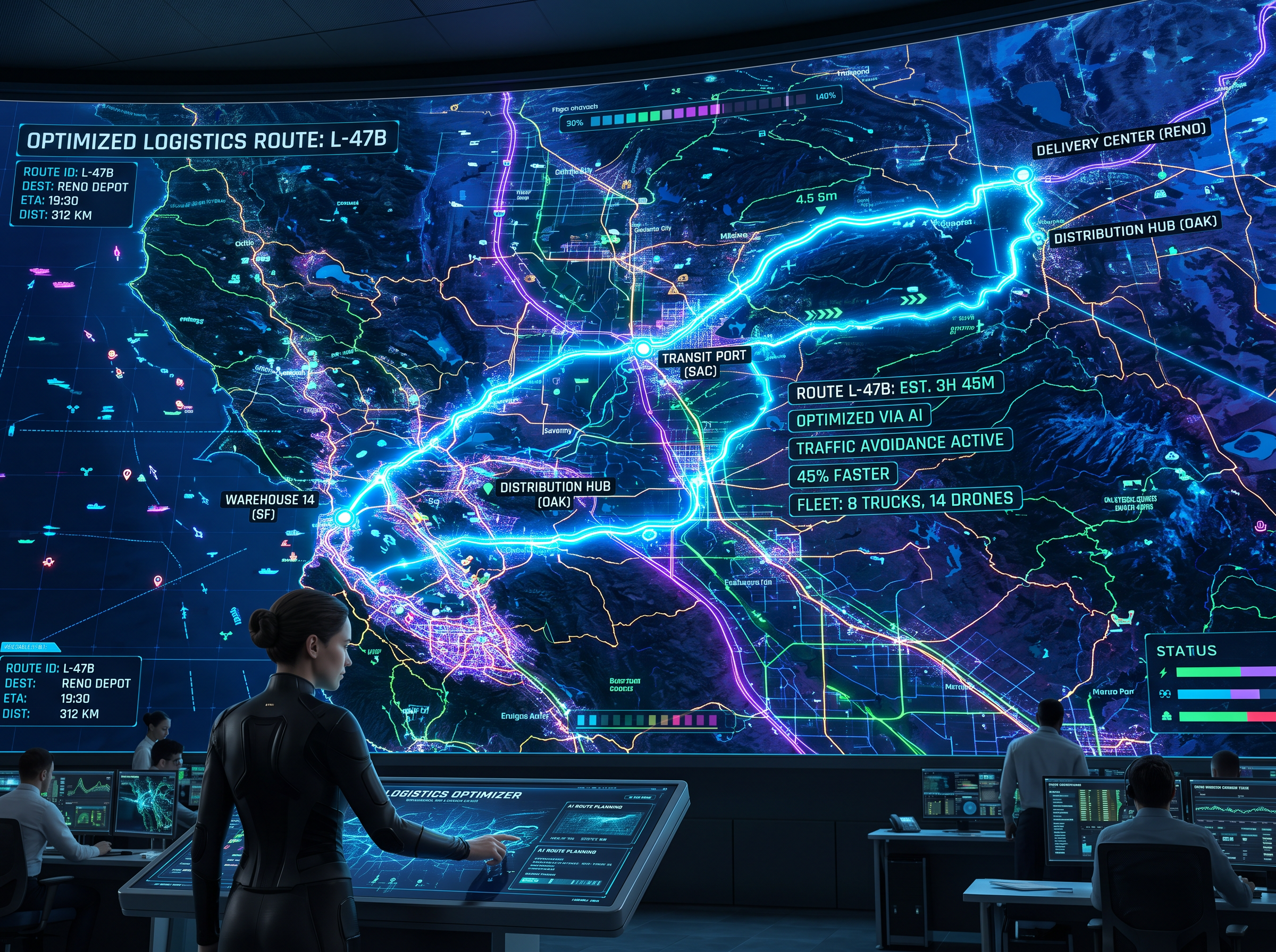 Woman operating AI route planning in logistics command center