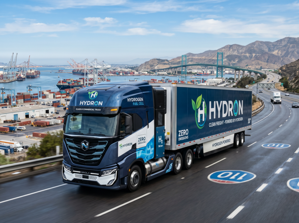 Hydrogen fuel cell Class 8 truck traveling on a U.S. west coast interstate highway