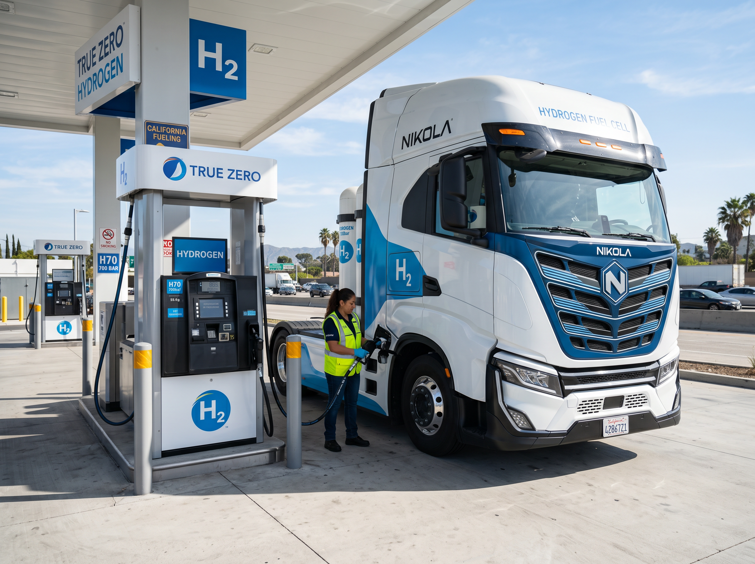 Hydrogen fuel cell Class 8 truck refueling at a California hydrogen station