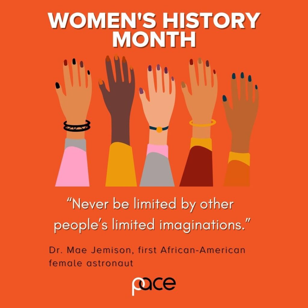 women's hands raised for women's history month