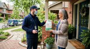 Specialty pharmacy delivery professional making a pharmacy medication delivery to an elderly residential pharmacy customer