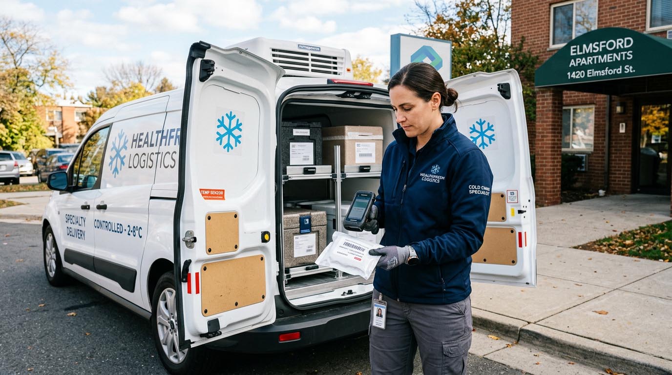cold chain logistics professional making a specialty pharmacy delivery and scanning package barcode to track chain of custody